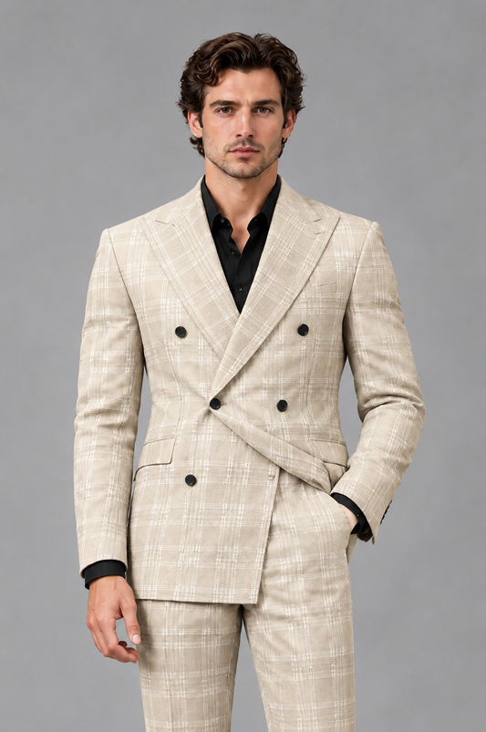Savile Men's Rust Plaid 2-Piece Double-Breasted Suit – Peak Lapel Slim-Fit Jacket & Trousers Set - Cream - Cream