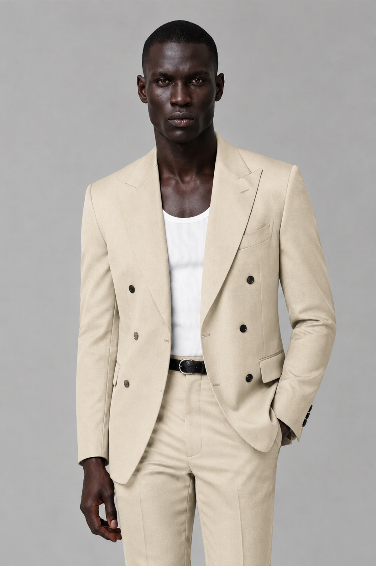 Savile Men's Cream Double Breasted Slim Fit 2-Piece Suit Set – Blazer & Trousers | Wedding Gala Formal - Cream - Cream_01