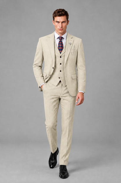 Savile Men's Grey Notch Lapel 3-Piece Suit Set | Jacket, Vest & Trousers - Cream - Cream