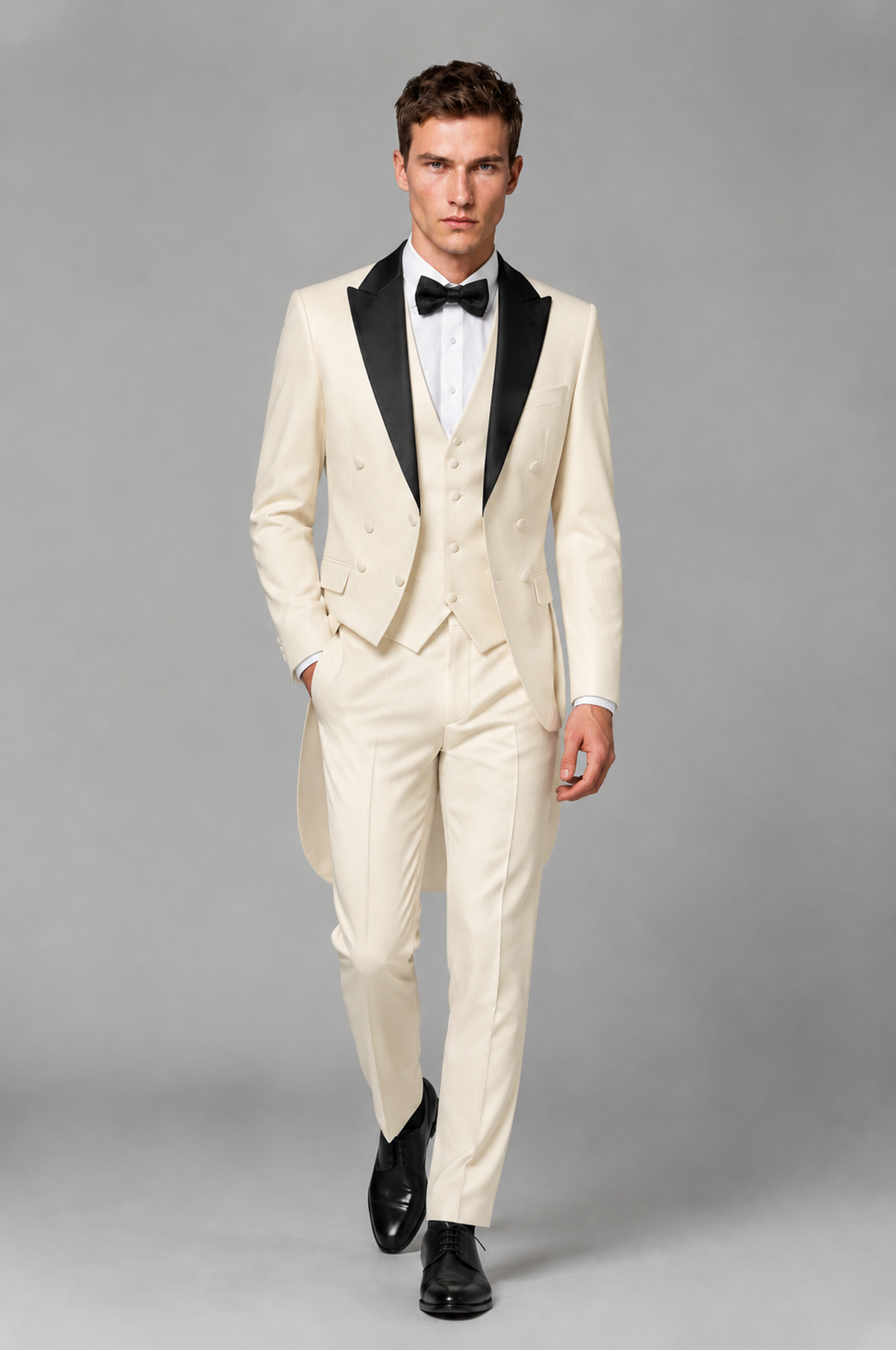 Savile Cream 3-Piece Tailcoat Tuxedo Suit with Black Peak Lapel - Cream - Cream_02
