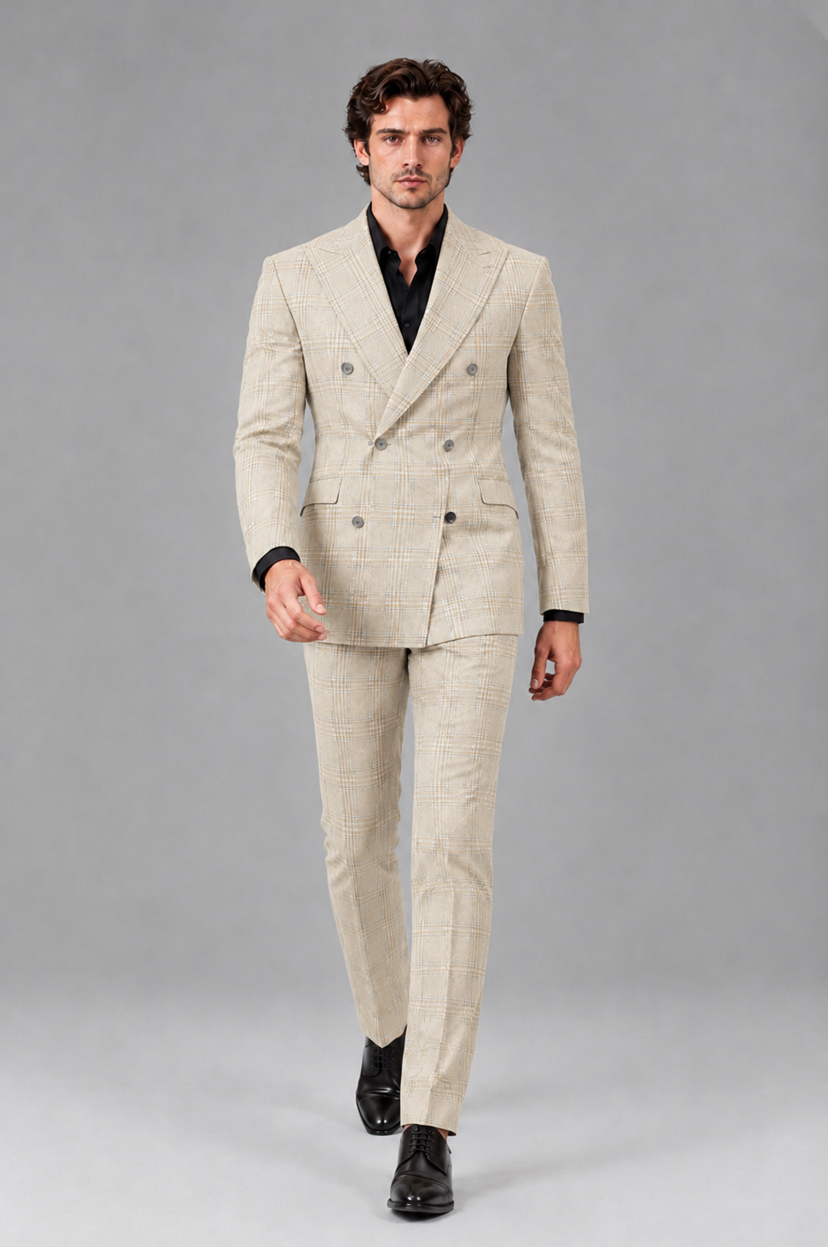 Savile Men's Rust Plaid 2-Piece Double-Breasted Suit – Peak Lapel Slim-Fit Jacket & Trousers Set - Cream - Cream