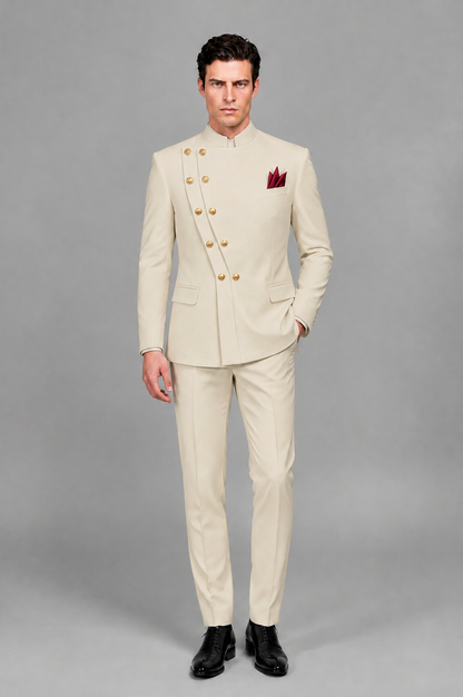 BOLODOO Men's Cream Asymmetrical Mandarin Collar Tuxedo Suit – Modern 2-Piece Gold Button Wedding, Prom & Gala Set - Cream - Cream_02