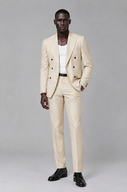 Savile Men's Cream Double Breasted Slim Fit 2-Piece Suit Set – Blazer & Trousers | Wedding Gala Formal - Cream - Cream_02