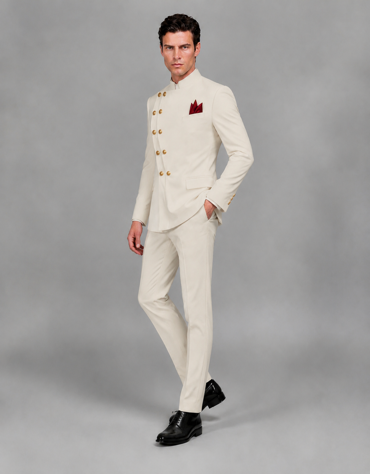 BOLODOO Men's Cream Asymmetrical Mandarin Collar Tuxedo Suit – Modern 2-Piece Gold Button Wedding, Prom & Gala Set - Cream - Cream_04