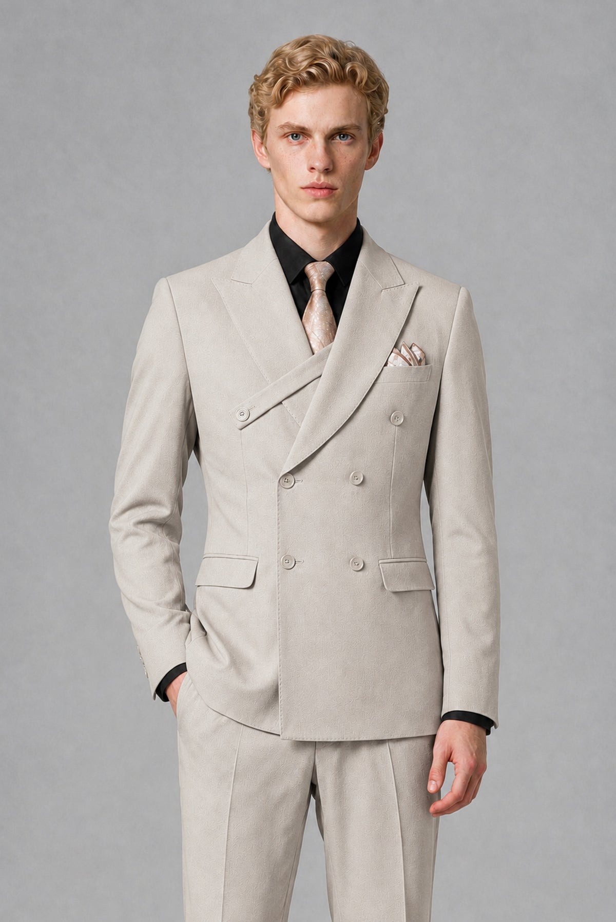 Savile Men's Cream Double-Breasted Two-Piece Suit - Cream