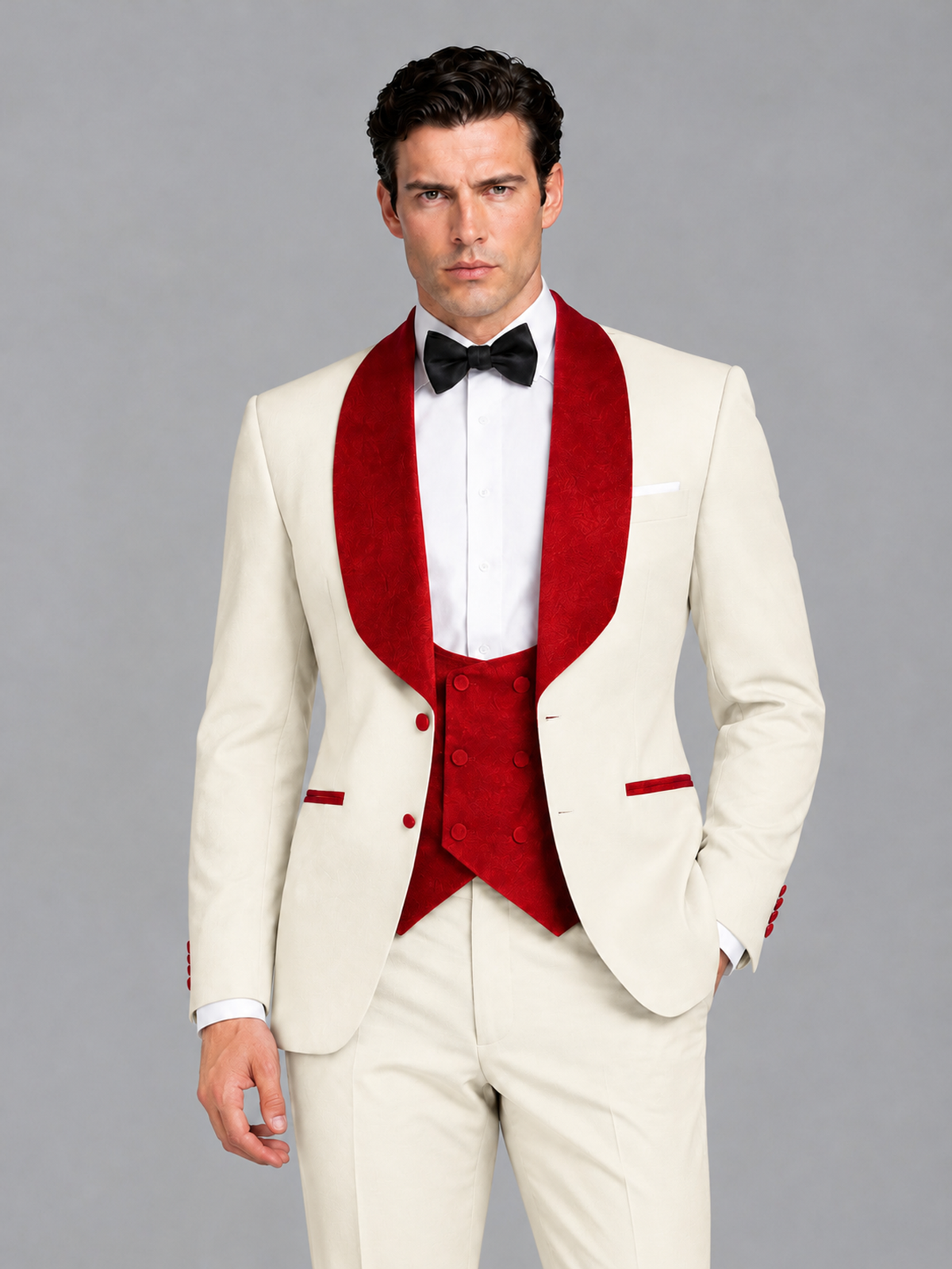 Savile Men's Cream 3-Piece Tuxedo Suit Set – Contrast Red Shawl Lapel Blazer, Red Waistcoat & Trousers - SUC020 - Cream