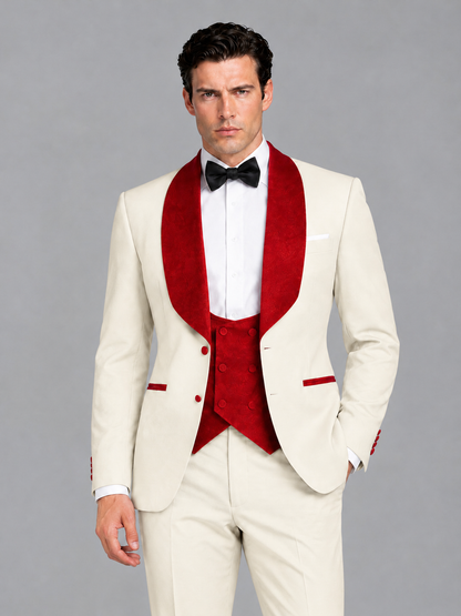 Savile Men's Cream 3-Piece Tuxedo Suit Set – Contrast Red Shawl Lapel Blazer, Red Waistcoat & Trousers - SUC020 - Cream