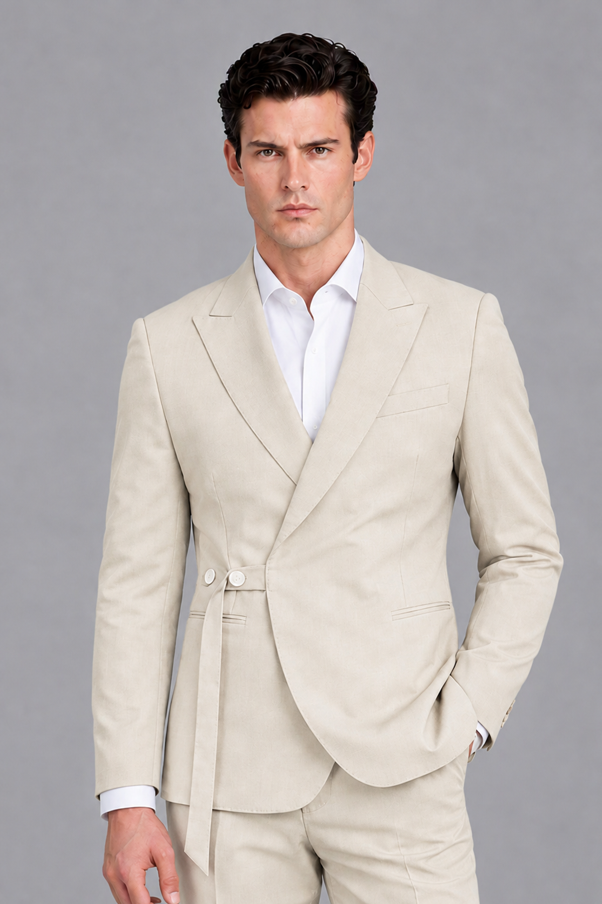 Savile Men's Modern Cream 2-Piece Wrap Suit Set – Peak Lapel Side-Button Blazer & Tailored Trousers - Cream - Cream_1