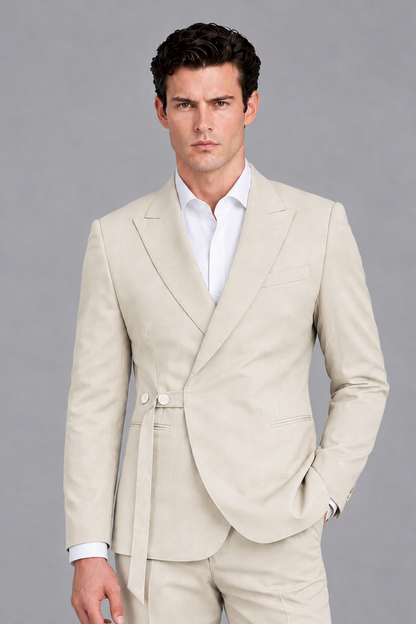 Savile Men's Modern Cream 2-Piece Wrap Suit Set – Peak Lapel Side-Button Blazer & Tailored Trousers - Cream - Cream_1