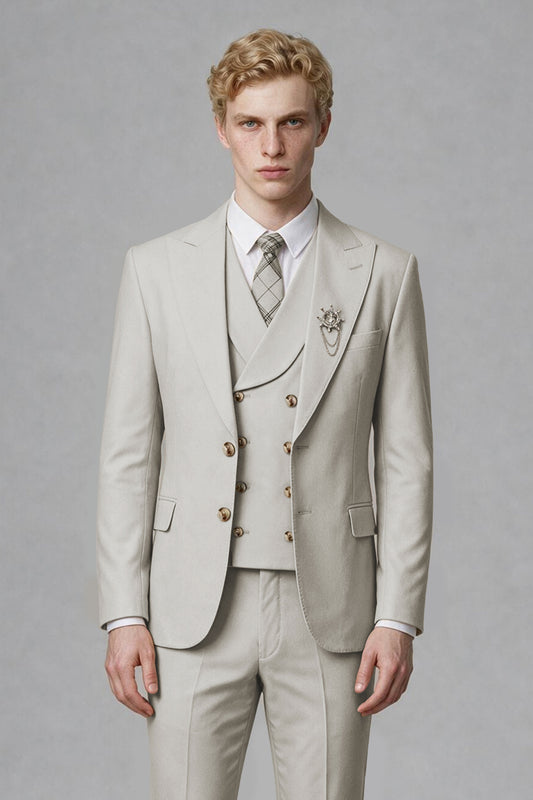 Savile Men's Cream Three-Piece Wedding Suit with Double-Breasted Waistcoat - Cream