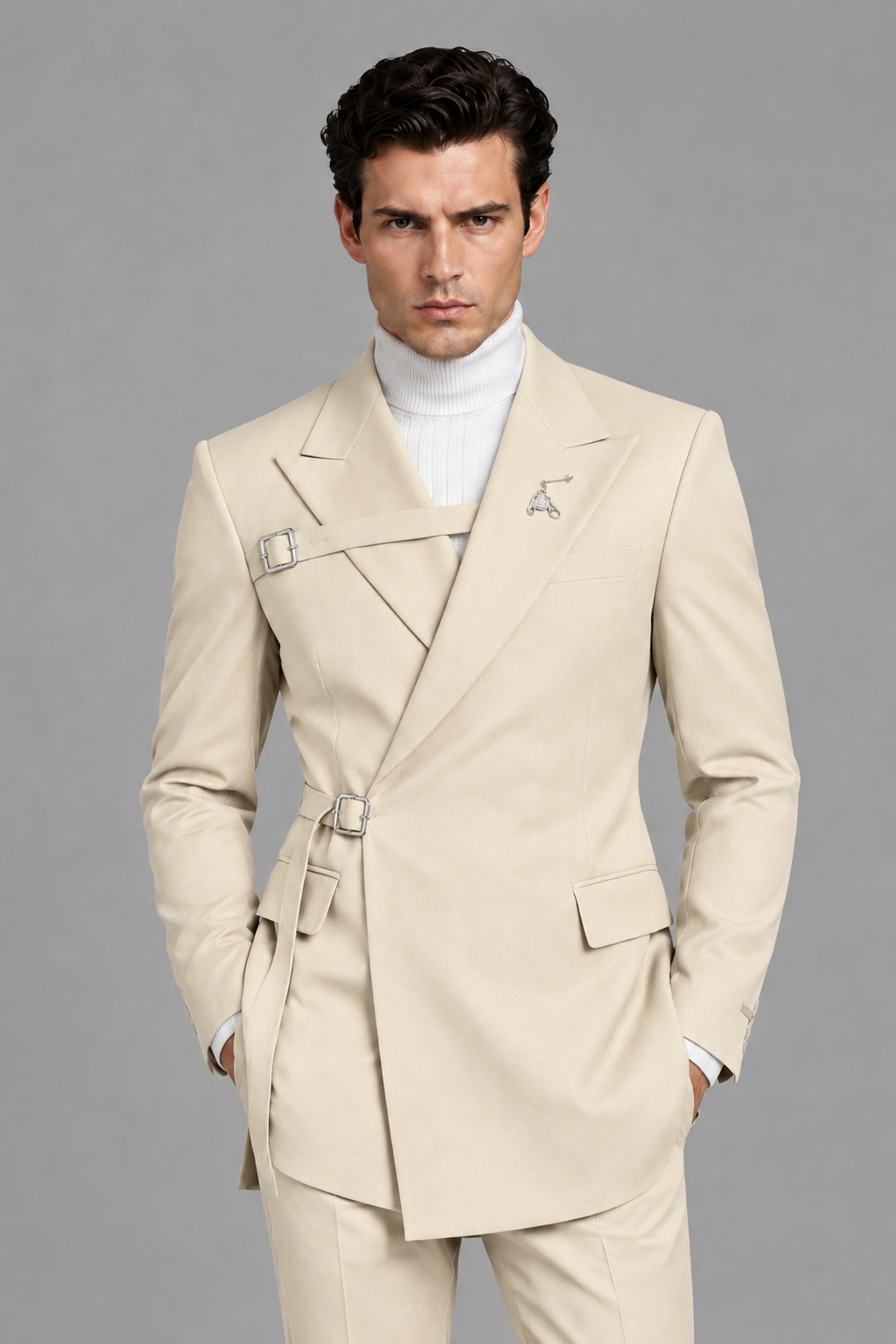 Savile Men's Cream Double Buckle Wrap Belted 2-Piece Suit Set – Peak Lapel Slim-Fit Jacket & Trousers - Cream - Cream_1