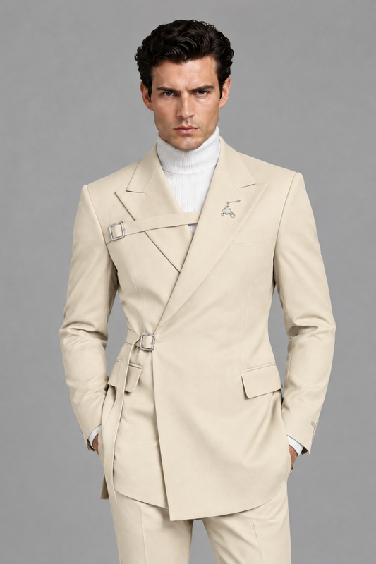 Savile Men's Cream Double Buckle Wrap Belted 2-Piece Suit Set – Peak Lapel Slim-Fit Jacket & Trousers - Cream - Cream_1