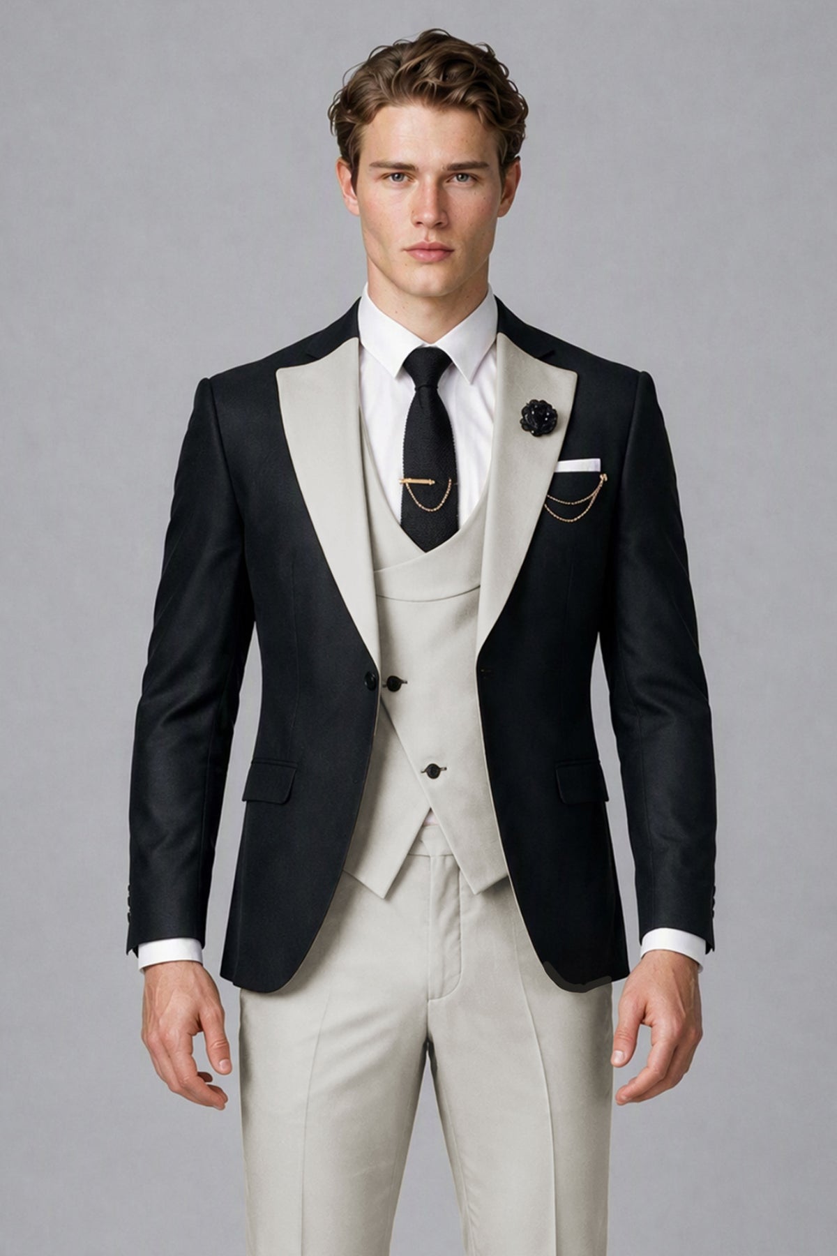 Savile Men's Black & Cream Three-Piece Wedding Suit - Cream