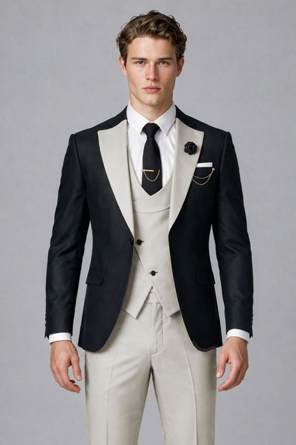 Savile Men's Black & Cream Three-Piece Wedding Suit - Cream