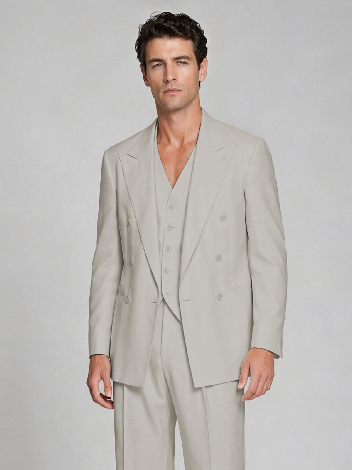 Men's Cream Double-Breasted 2-Piece Suit – Peak Lapel Wedding & Beach Formal Set with Vest - Cream