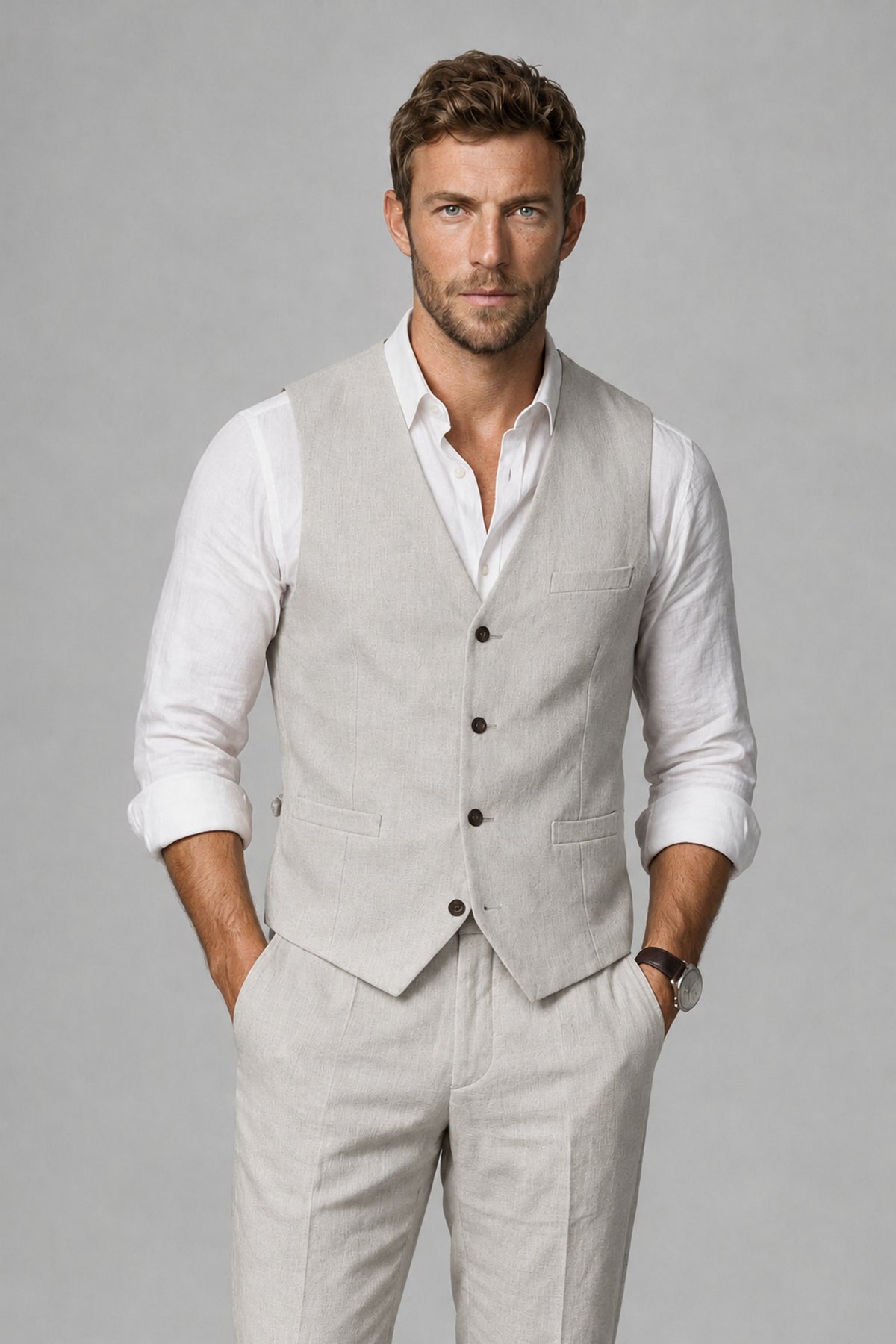 Men's Cream Linen Blend Single-Breasted V-Neck Suit Vest | Savile QX0101 - Cream