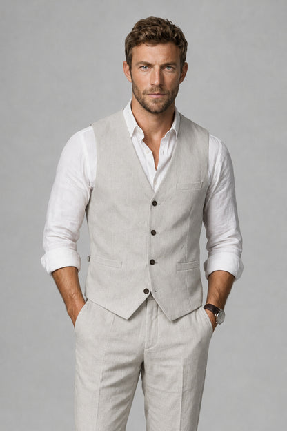 Men's Cream Linen Blend Single-Breasted V-Neck Suit Vest | Savile QX0101 - Cream