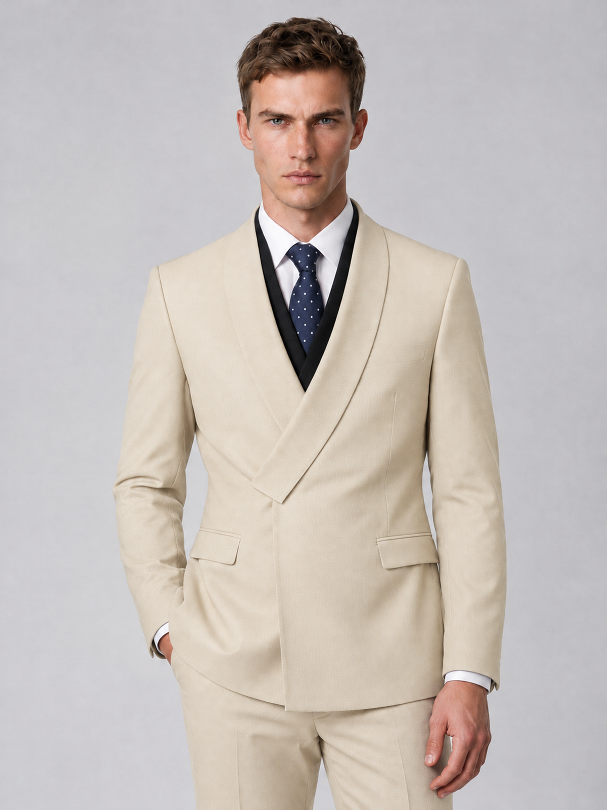 Savile Men's Cream Wrap Shawl Lapel 2-Piece Suit Set – Modern Jacket & Trousers - Cream - Cream_1