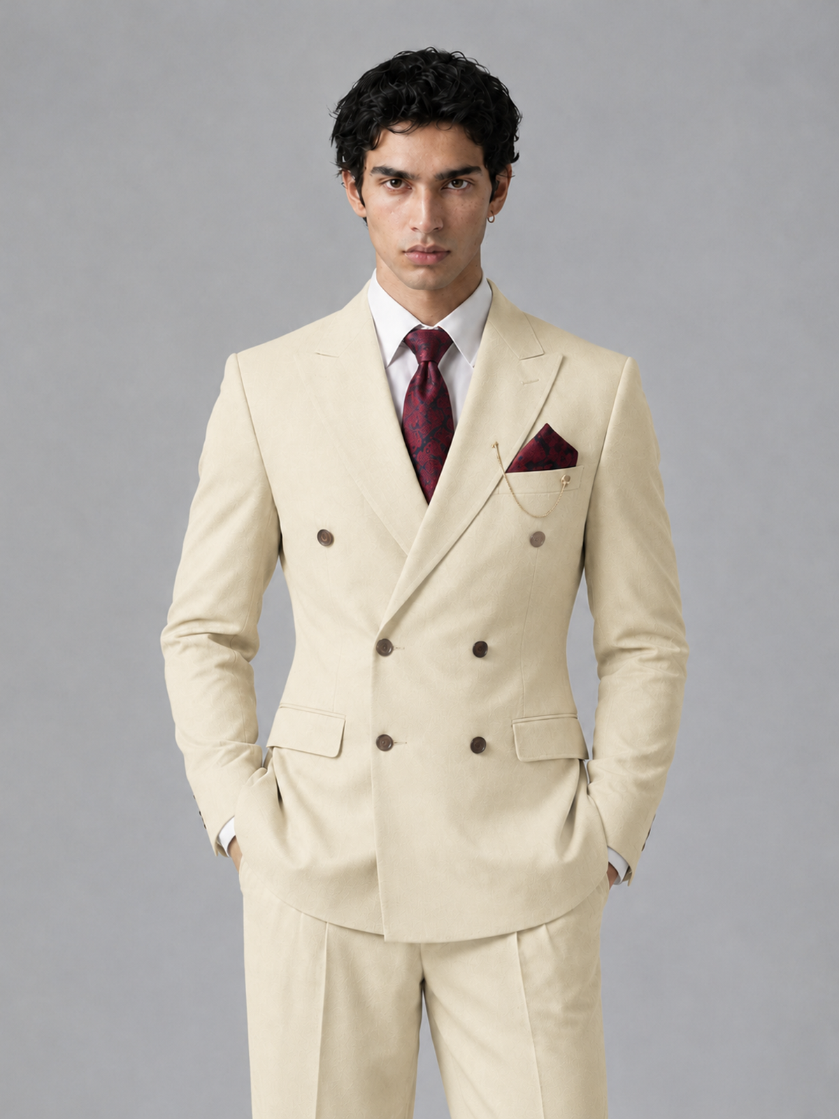 Savile Men's Cream Double-Breasted 2-Piece Suit Set – Peak Lapel Blazer & Pleated Wide-Leg Trousers - Cream - Cream_1