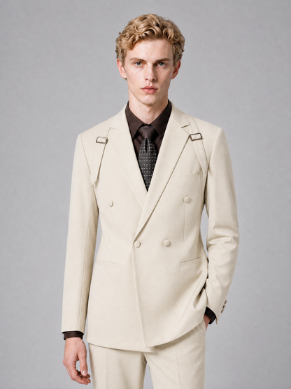 Men's Light Cream Double-Breasted Slim Fit 2-Piece Suit – Peak Lapel Wedding & Business Formal Set - Cream - Cream_1