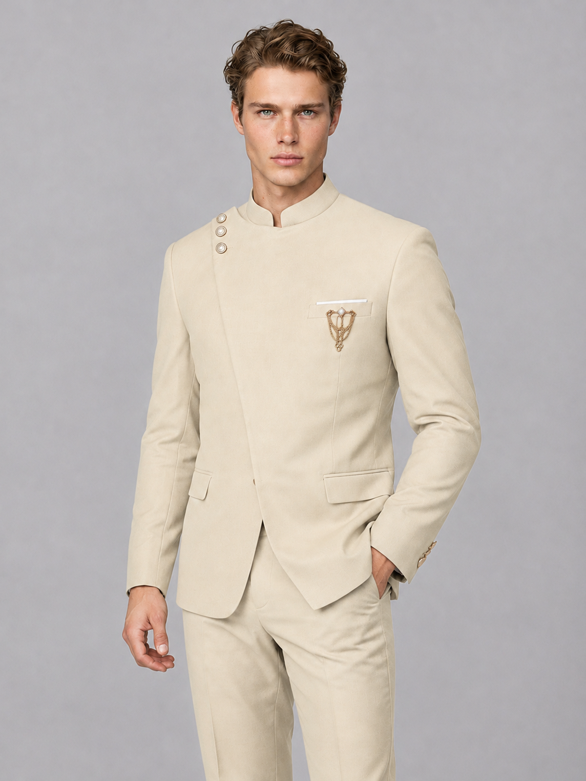 Savile Men's Cream Mandarin Collar Asymmetrical 2-Piece Suit Set – Modern Jacket & Trousers - Cream - Cream_1
