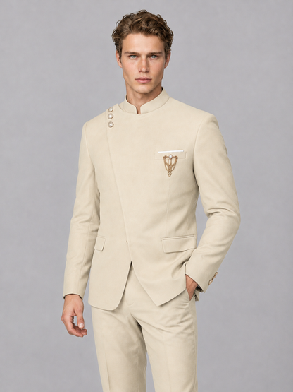 Savile Men's Cream Mandarin Collar Asymmetrical 2-Piece Suit Set – Modern Jacket & Trousers - Cream - Cream_1