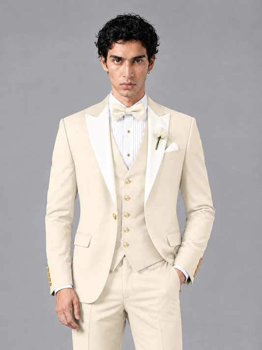 Savile Men's Cream Contrast White Peak Lapel 3-Piece Tuxedo Suit - Cream