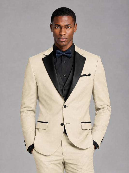 Savile Men's Cream Contrast Shawl Lapel Tuxedo Suit – 3-Piece Wedding, Prom & Black-Tie Formal Set - Cream - Cream_1