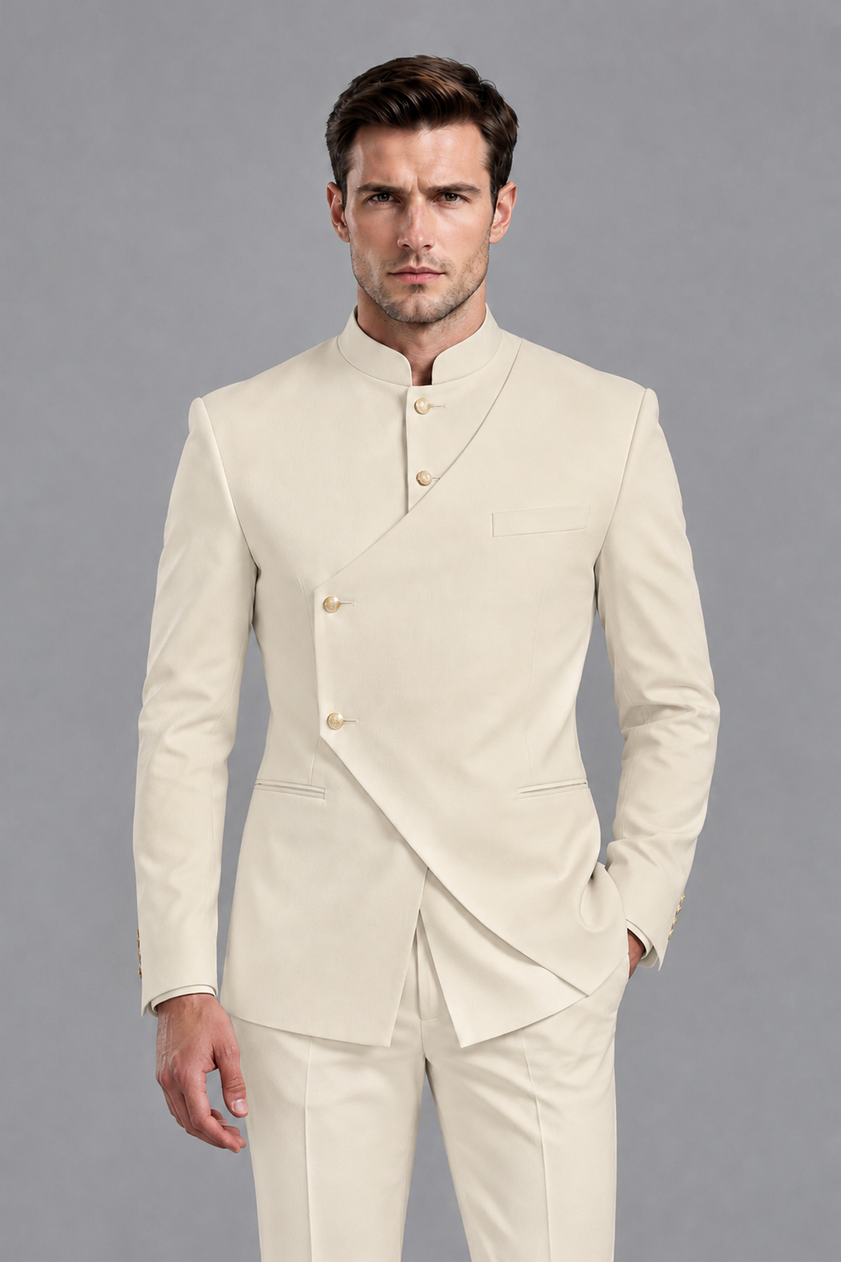 Savile Men's Cream Asymmetrical Mandarin Collar Tuxedo Suit – Modern 2-Piece Gold Button Wedding, Prom & Gala Set - Cream - Cream_1