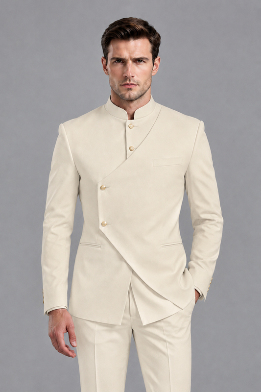 Savile Men's Cream Asymmetrical Mandarin Collar Tuxedo Suit – Modern 2-Piece Gold Button Wedding, Prom & Gala Set - Cream - Cream_1