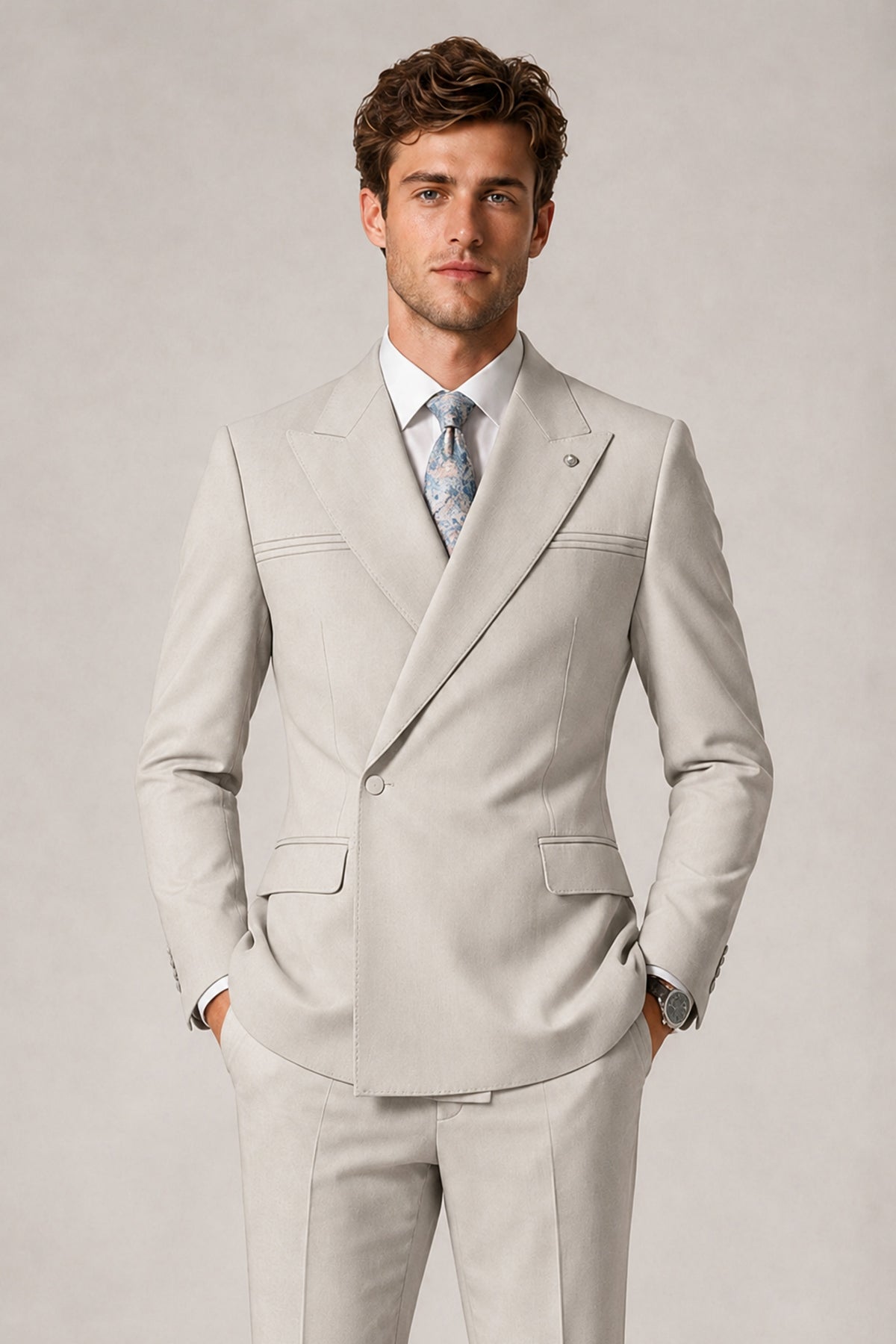 Savile Men's Cream Double-Breasted Slim Fit 2-Piece Suit Set – Peak Lapel Blazer & Cuffed Trousers | Wedding Prom Formal - Cream