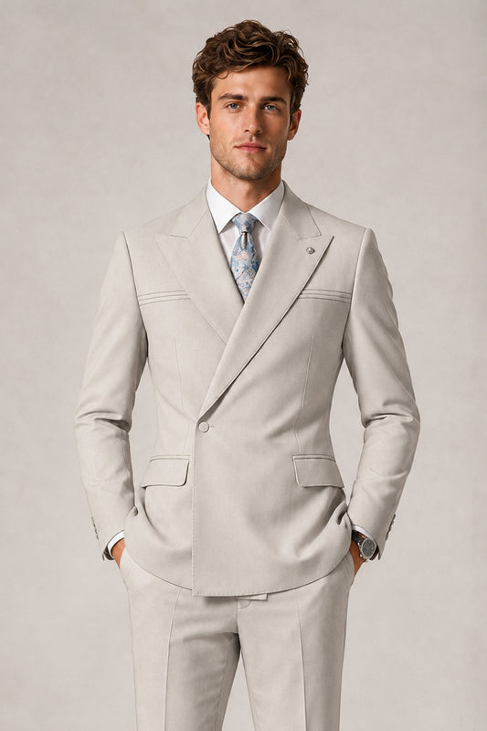 Savile Men's Cream Double-Breasted Slim Fit 2-Piece Suit Set – Peak Lapel Blazer & Cuffed Trousers | Wedding Prom Formal - Cream