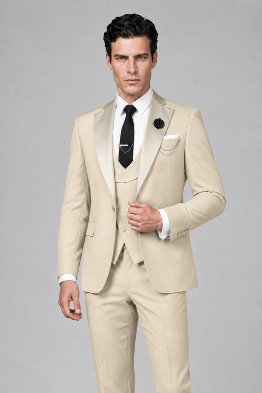 Savile Men's Cream 3-Piece Tuxedo Suit – Contrast Silver Peak Lapel & Grey Vest Formal Set - Cream - Cream_1