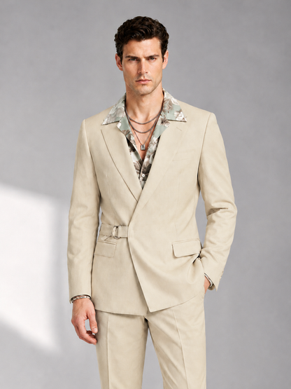 Savile Men's Cream Belted Wrap 2-Piece Suit – Peak Lapel Blazer & Tailored Trousers - SUC060 - Cream - Cream_1