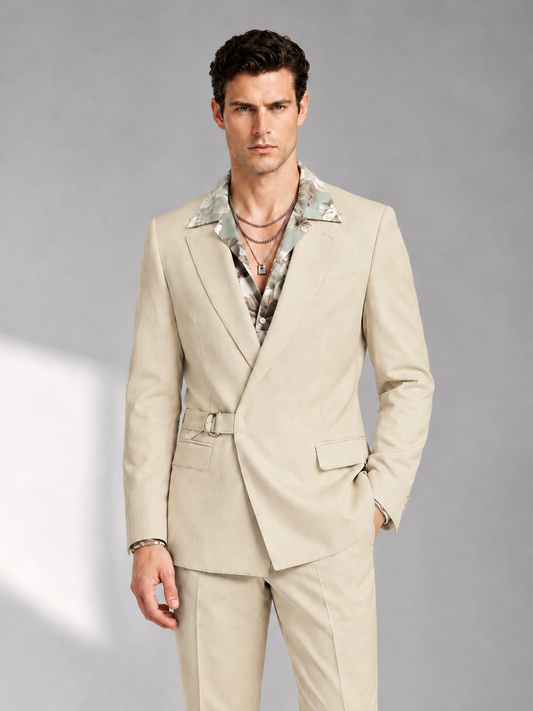 Savile Men's Cream Belted Wrap 2-Piece Suit – Peak Lapel Blazer & Tailored Trousers - SUC060 - Cream - Cream_1