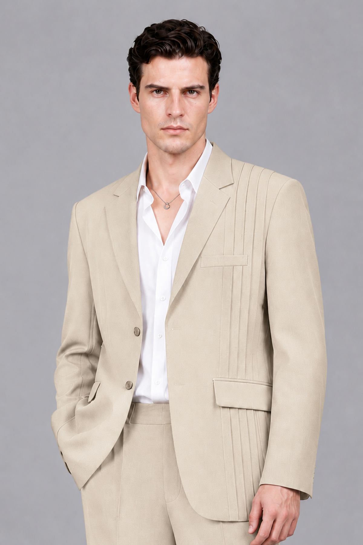 Savile Men's Cream Pleated 2-Piece Suit Set | Notch Lapel Blazer & Tailored Trousers - Cream - Cream_1
