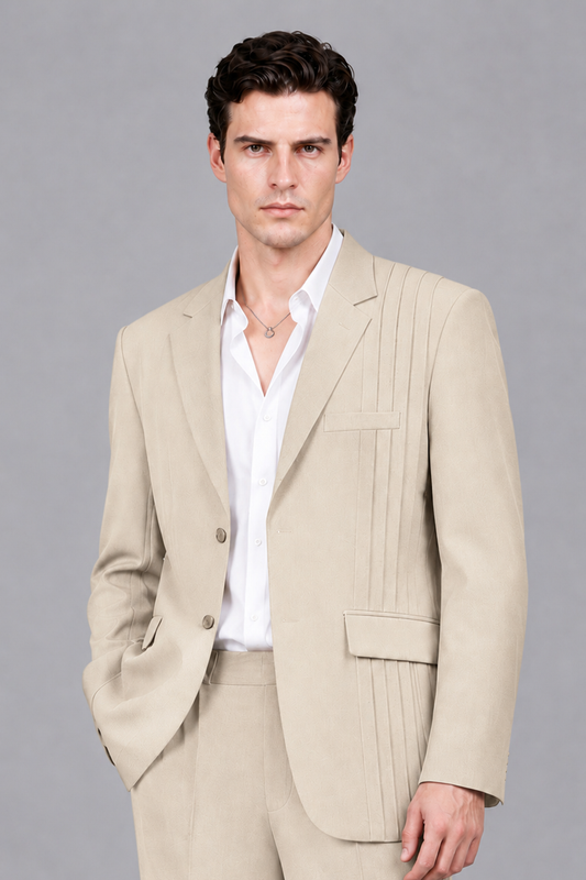 Savile Men's Cream Pleated 2-Piece Suit Set | Notch Lapel Blazer & Tailored Trousers - Cream - Cream_1