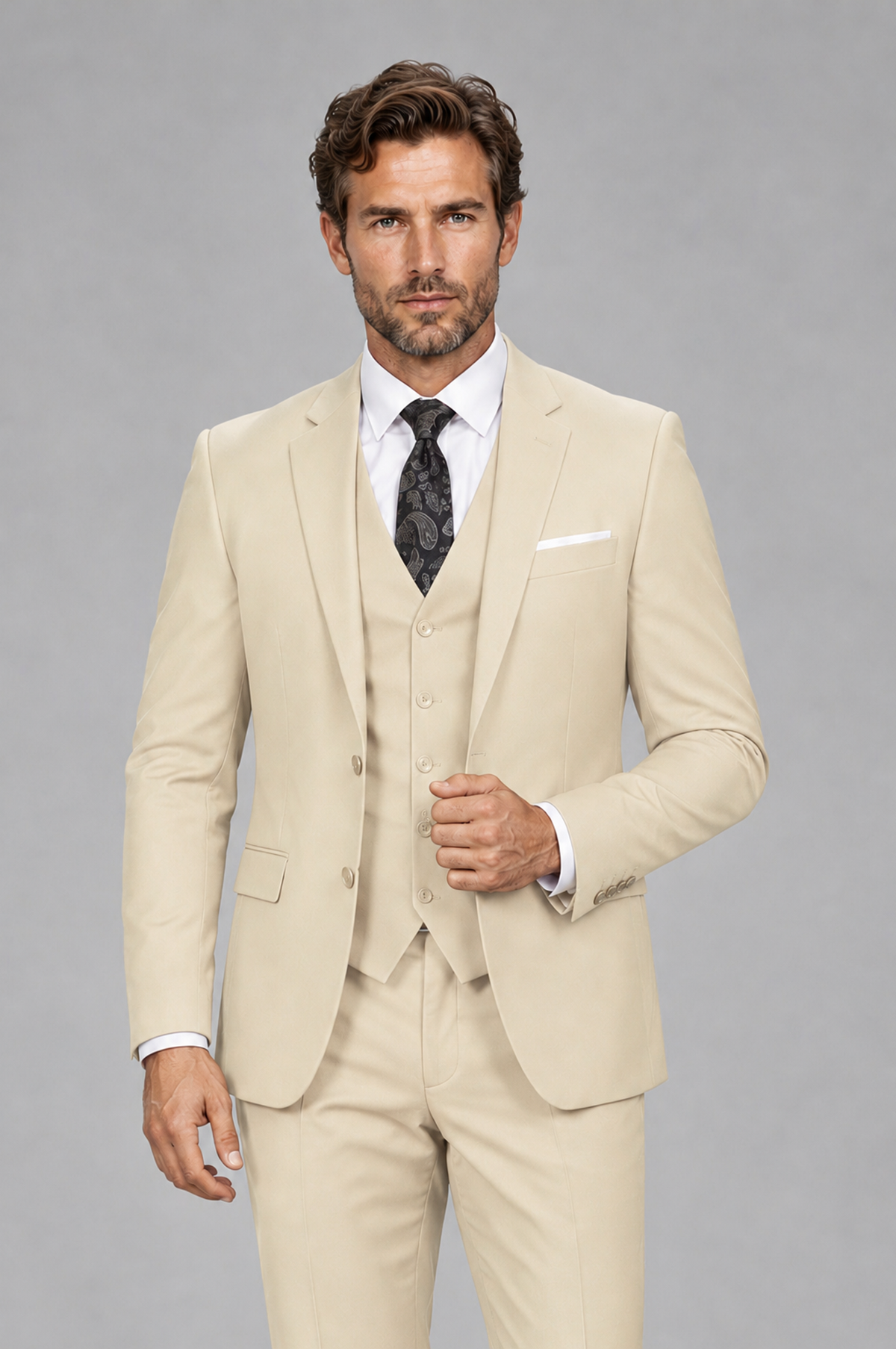 Savile Men's Cream 3-Piece Suit Set – Notch Lapel Blazer, Vest & Trousers - Cream - Cream_1