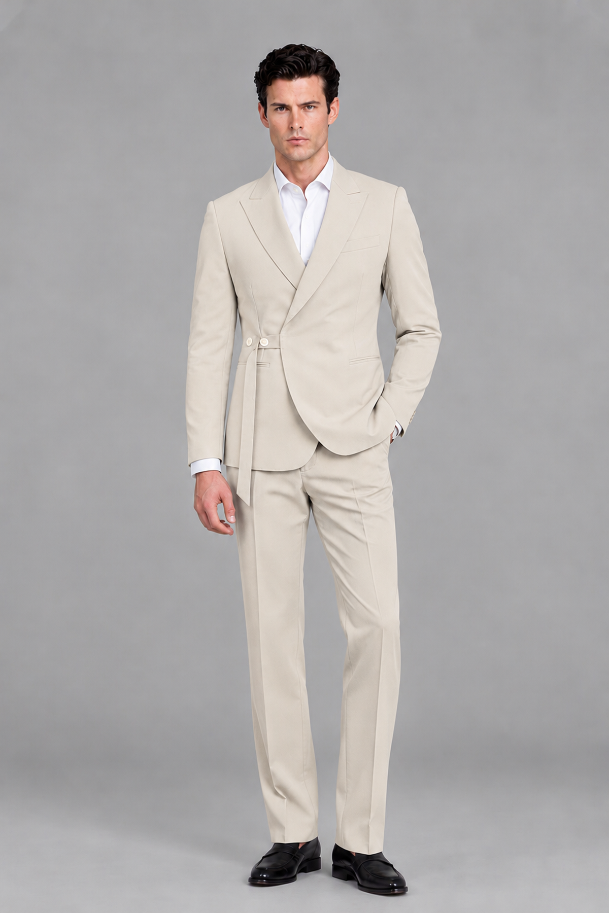 Savile Men's Modern Cream 2-Piece Wrap Suit Set – Peak Lapel Side-Button Blazer & Tailored Trousers - Cream - Cream_2