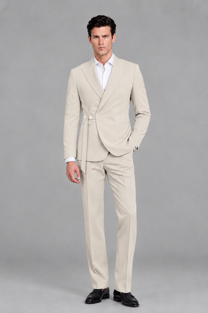 Savile Men's Modern Cream 2-Piece Wrap Suit Set – Peak Lapel Side-Button Blazer & Tailored Trousers - Cream - Cream_2