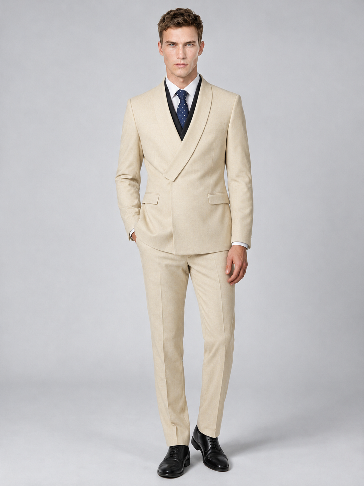Savile Men's Cream Wrap Shawl Lapel 2-Piece Suit Set – Modern Jacket & Trousers - Cream - Cream_2