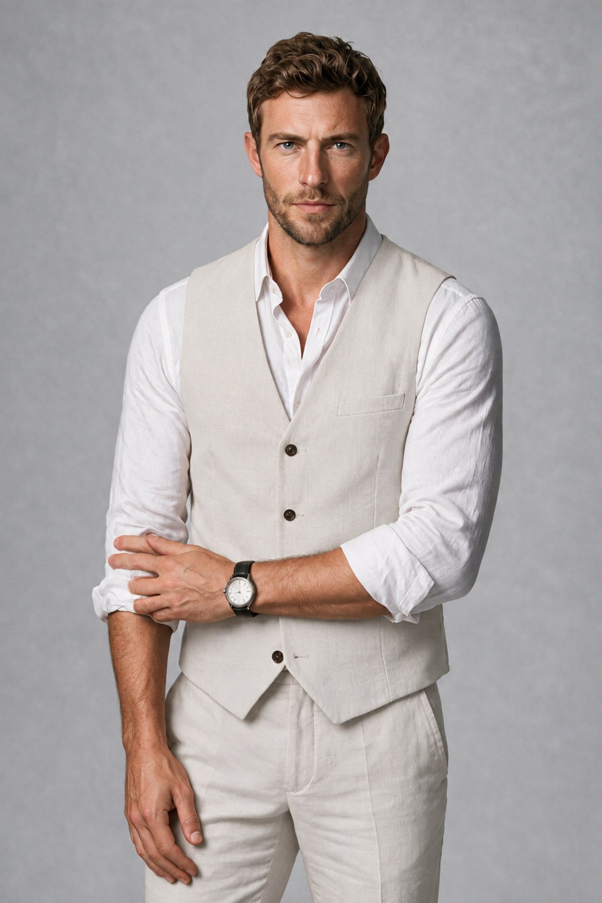 Men's Cream Linen Blend Single-Breasted V-Neck Suit Vest | Savile QX0101 - Cream
