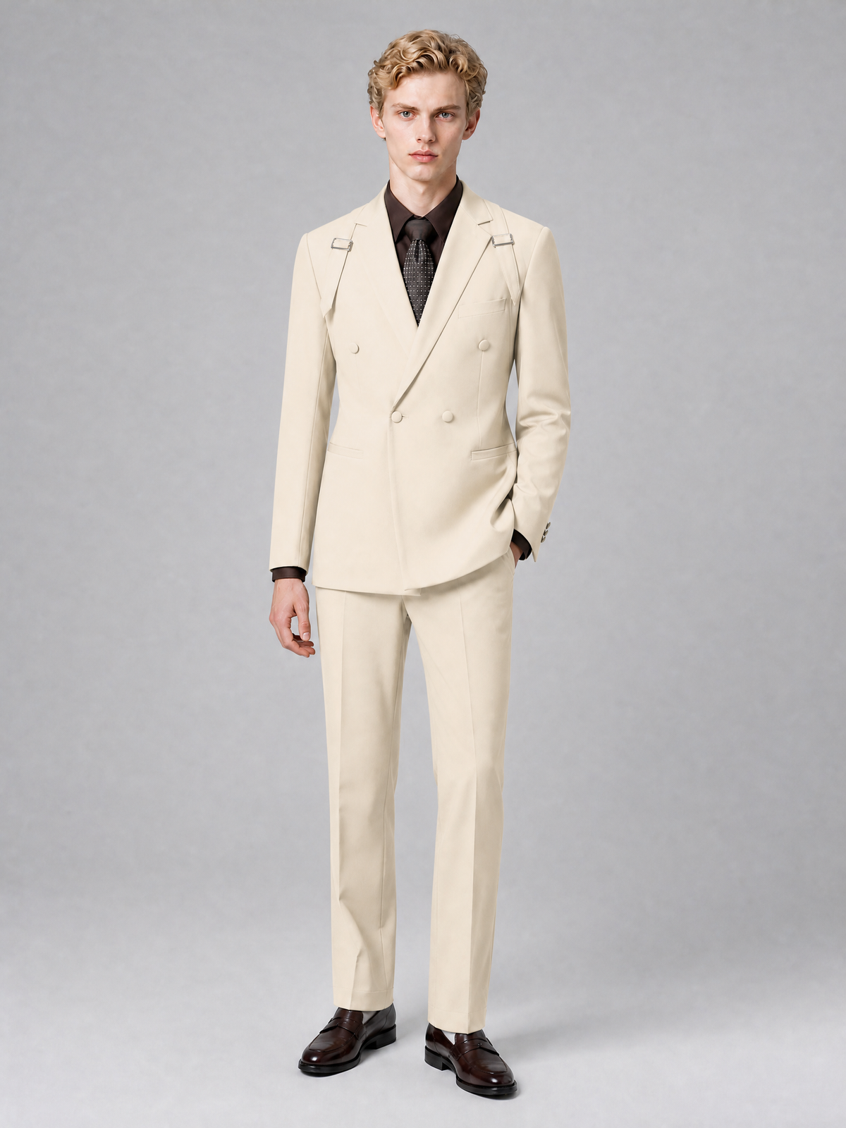 Men's Light Cream Double-Breasted Slim Fit 2-Piece Suit – Peak Lapel Wedding & Business Formal Set - Cream - Cream_2