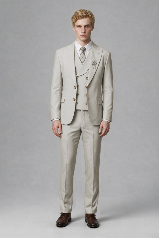 Savile Men's Cream Three-Piece Wedding Suit with Double-Breasted Waistcoat - Cream