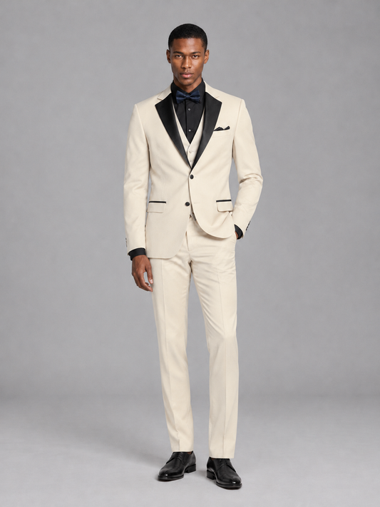 Savile Men's Cream Contrast Shawl Lapel Tuxedo Suit – 3-Piece Wedding, Prom & Black-Tie Formal Set - Cream - Cream_2