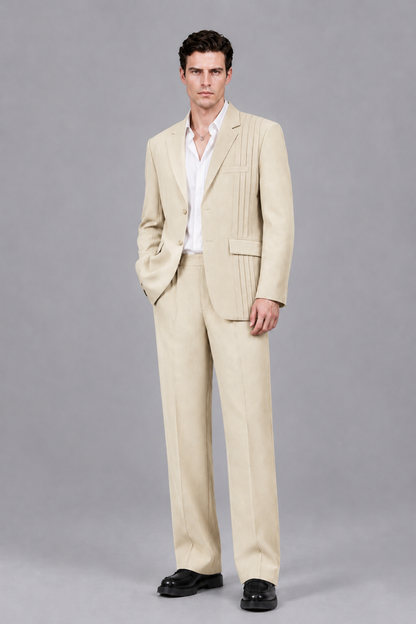 Savile Men's Cream Pleated 2-Piece Suit Set | Notch Lapel Blazer & Tailored Trousers - Cream - Cream_2
