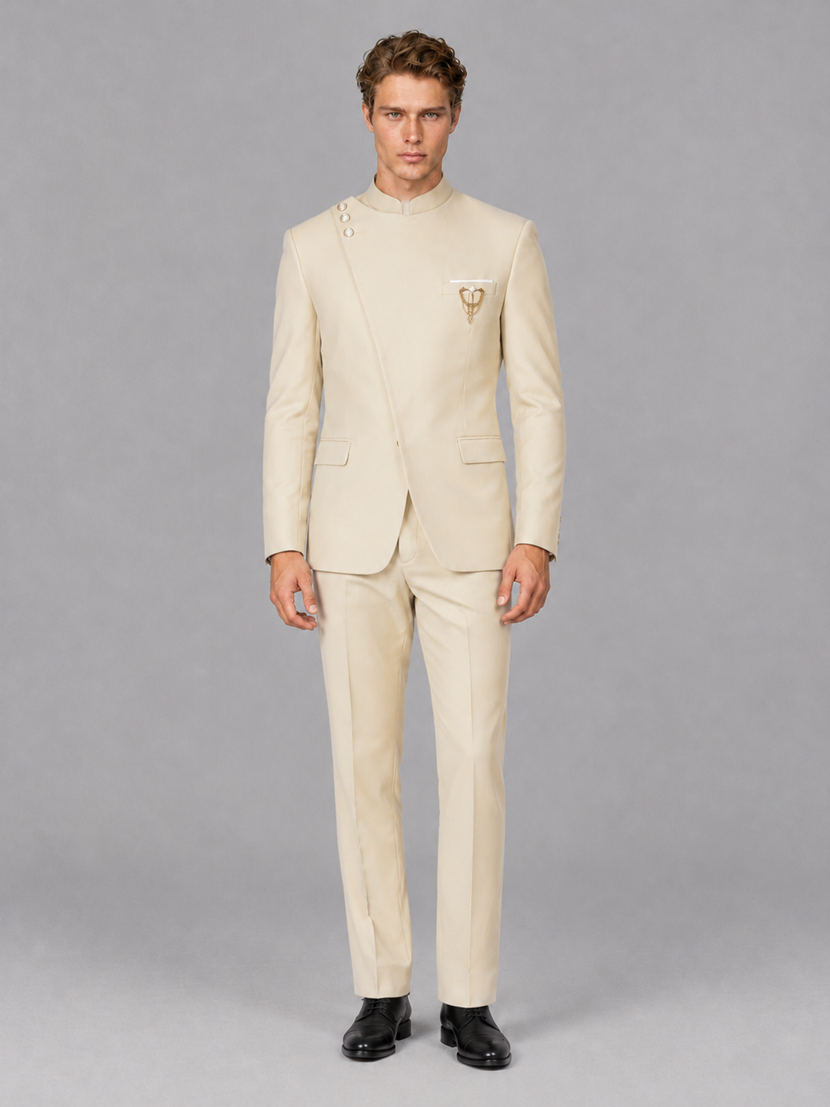 Savile Men's Cream Mandarin Collar Asymmetrical 2-Piece Suit Set – Modern Jacket & Trousers - Cream - Cream_2