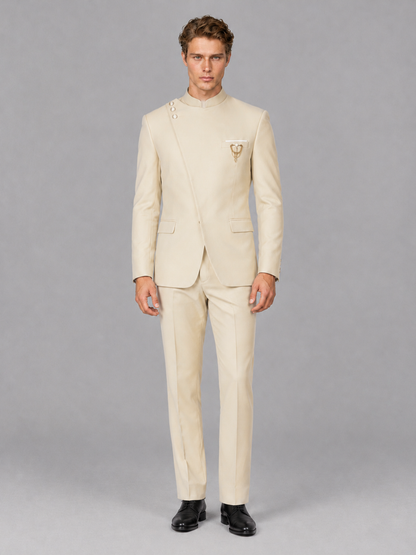 Savile Men's Cream Mandarin Collar Asymmetrical 2-Piece Suit Set – Modern Jacket & Trousers - Cream - Cream_2