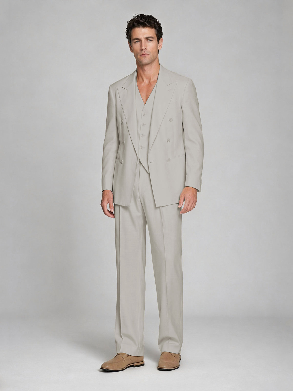 Men's Cream Double-Breasted 2-Piece Suit – Peak Lapel Wedding & Beach Formal Set with Vest - Cream