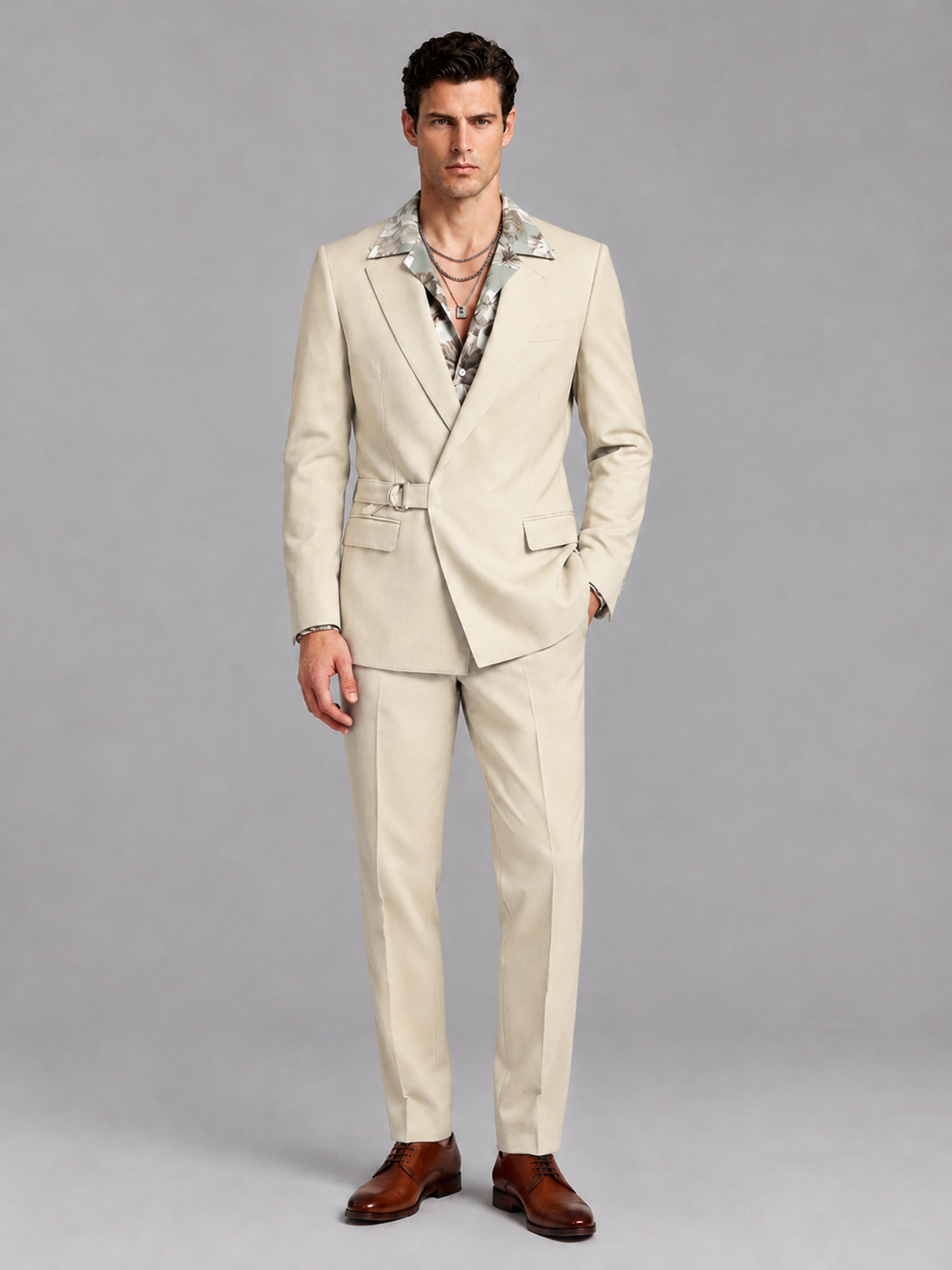 Savile Men's Cream Belted Wrap 2-Piece Suit – Peak Lapel Blazer & Tailored Trousers - SUC060 - Cream - Cream_2